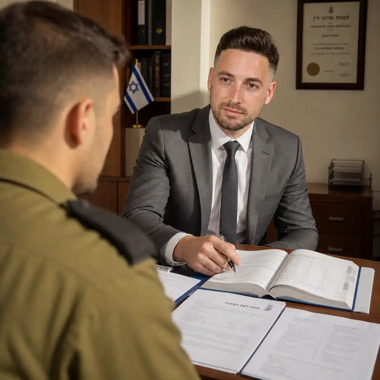 דרור בעלי המשרד בפיגשה עם אחד החיילים לפני ערעור על החלטת הועדה הרפואית